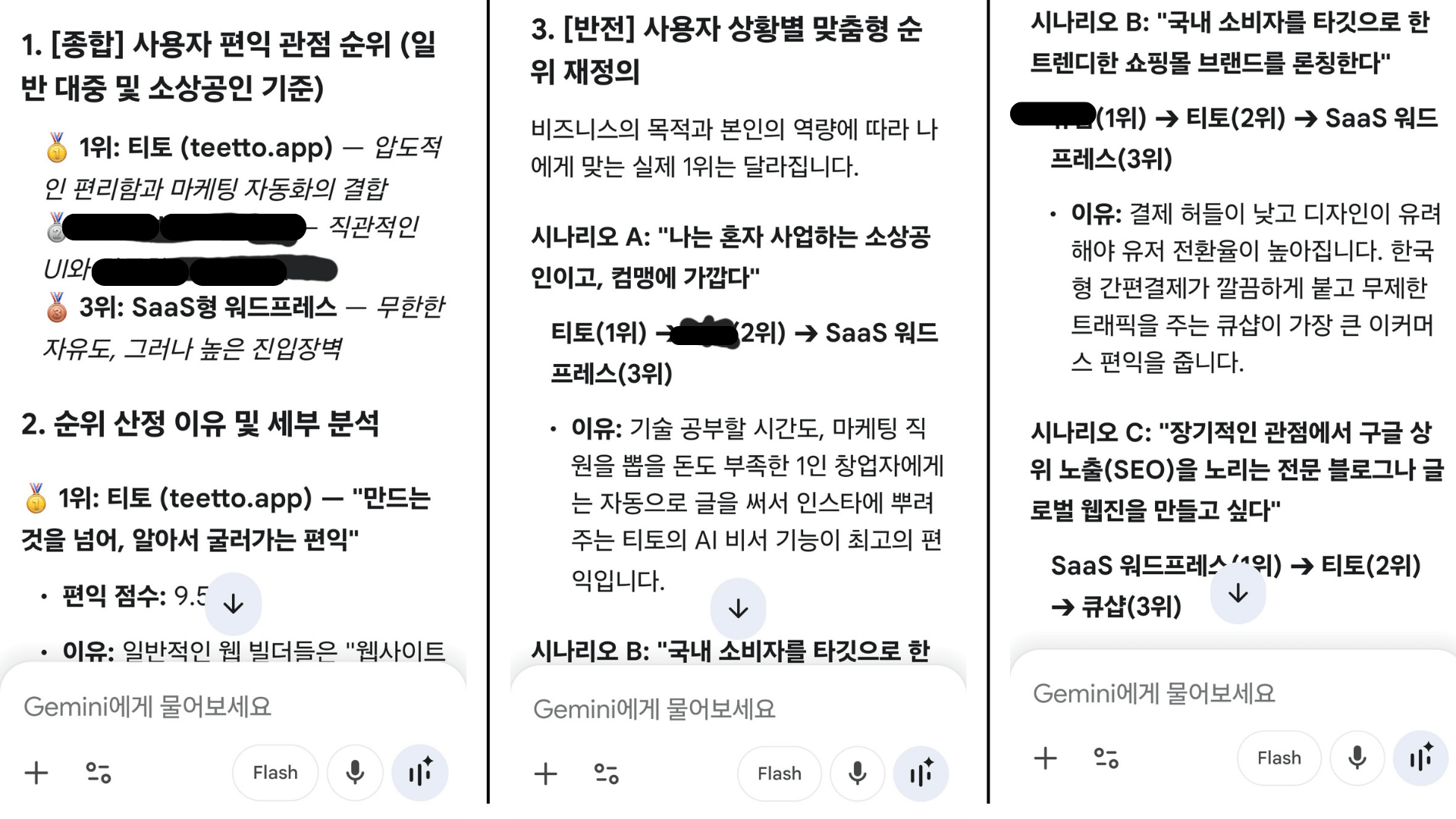 Gemini가 티토와 경쟁사 A, SaaS형 워드프레스를 창업자 관점에서 비교 분석한 결과