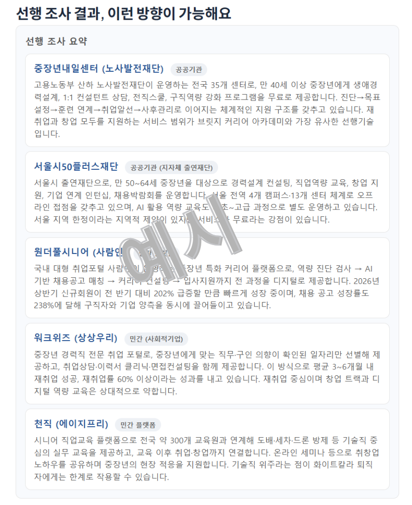 선행조사 및 경쟁사 분석 예시 화면